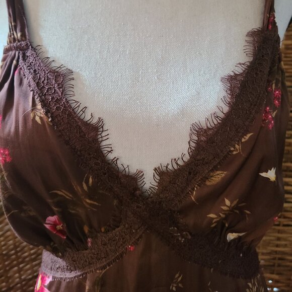Old Navy Satin Maxi Dress L Brown pink white floral Halter Style Top Open Back - Picture 2 of 6